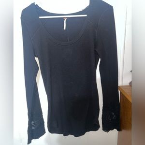RARE FREE PEOPLE Lovely Lady Lace Embroidered Cuff Thermal Large Black